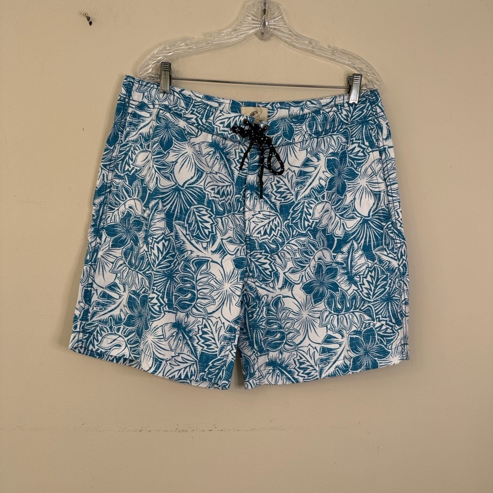 Surfside Supply Teal White tropical floral palm leaf Swim Trunks pockets SZ XL